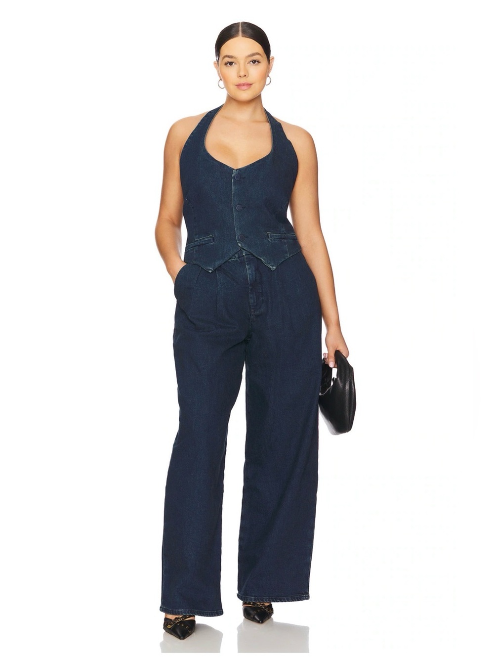 NWT Good American Halter Open Back Denim Vest Top Dark Navy Blue Large